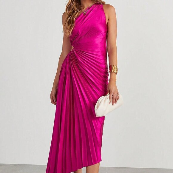 Hot Pink Women's One Shoulder Asymmetrical Hem Satin Cocktail Dress - Picture 5 of 5